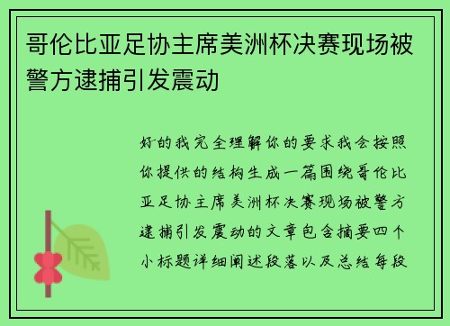 哥伦比亚足协主席美洲杯决赛现场被警方逮捕引发震动