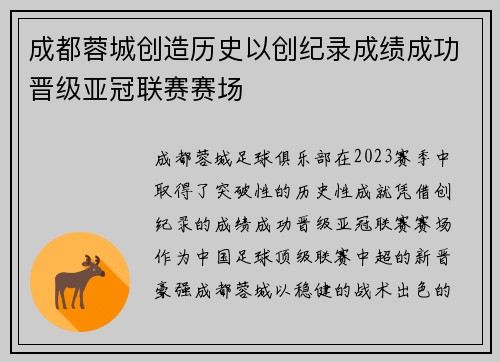 成都蓉城创造历史以创纪录成绩成功晋级亚冠联赛赛场